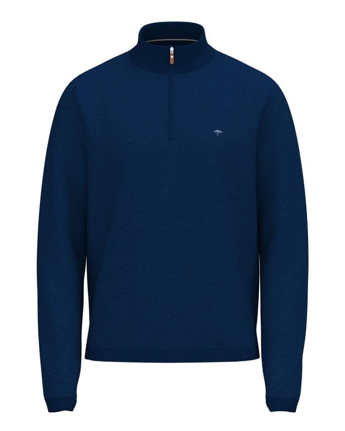 A navy blue, long-sleeve pullover jumper with a half-zip collar and ribbed cuffs and hem, displayed on a plain white background. A small subtle logo is visible on the left chest.