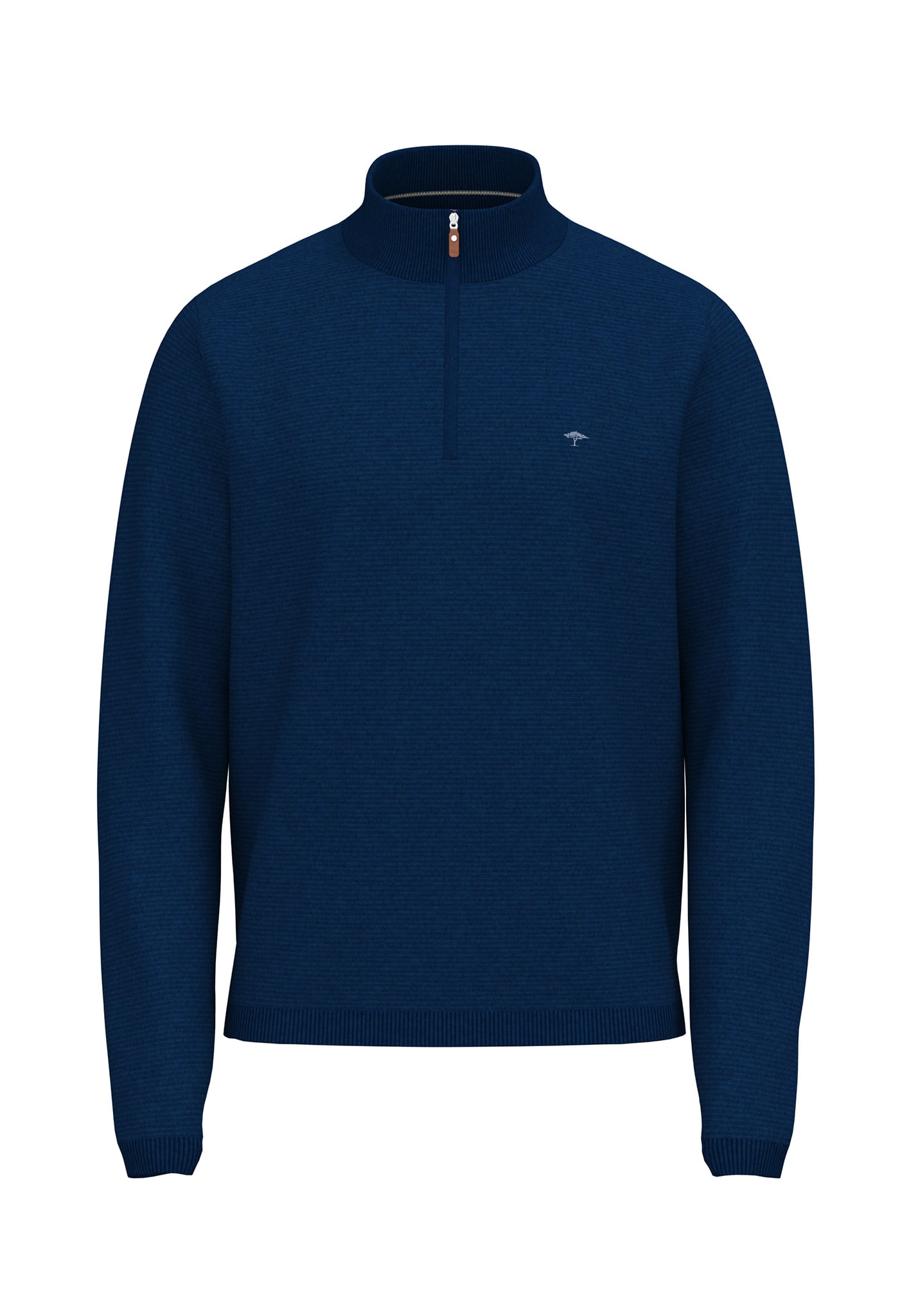 A navy blue, long-sleeve pullover jumper with a half-zip collar and ribbed cuffs and hem, displayed on a plain white background. A small subtle logo is visible on the left chest.