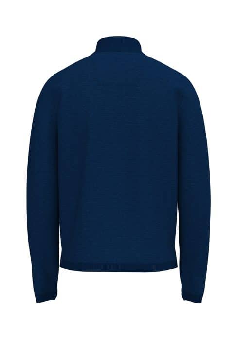 Dark blue long-sleeve jumper shown from the back, with a high collar and ribbed cuffs and hem, displayed on a plain white background.
