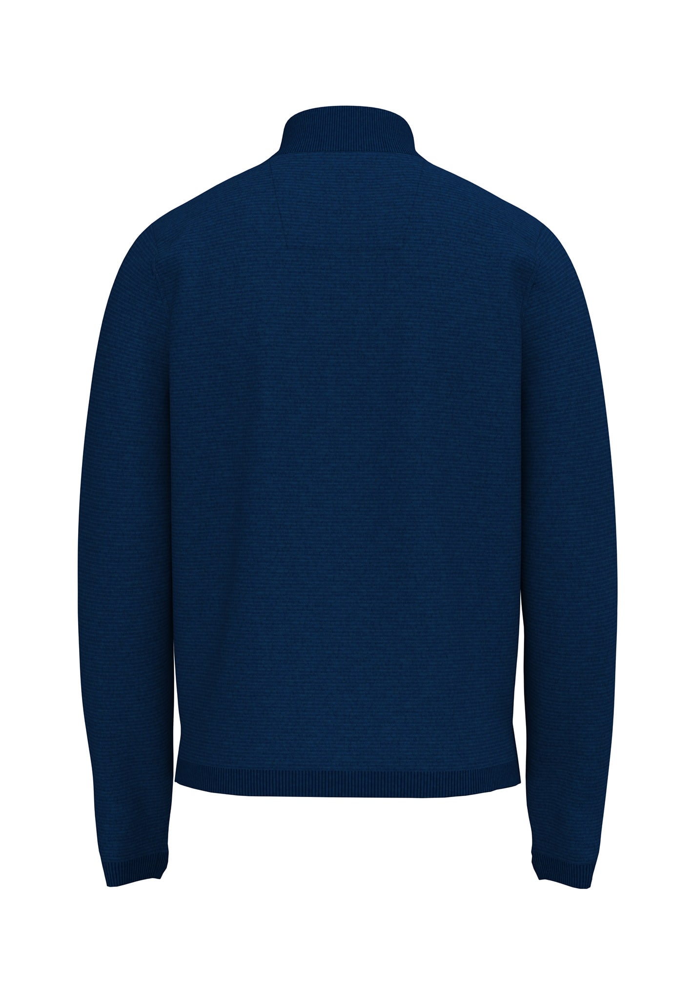 Dark blue long-sleeve jumper shown from the back, with a high collar and ribbed cuffs and hem, displayed on a plain white background.