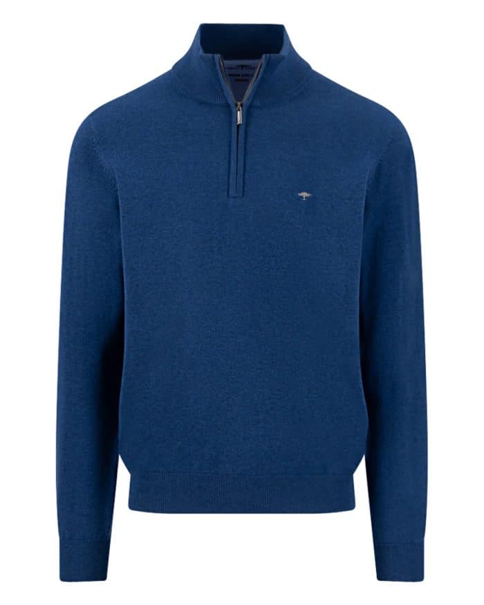 A blue, long-sleeve quarter-zip jumper with a small embroidered logo on the left chest and ribbed cuffs and hem, displayed on a plain white background.