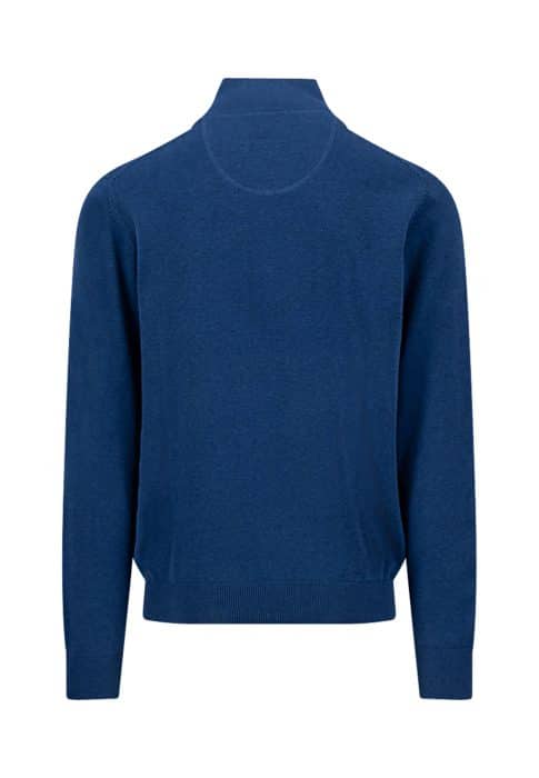 A plain, long-sleeved, dark blue jumper is shown from the back. The jumper has a ribbed hem and cuffs, and a short collar without any visible patterns or designs.