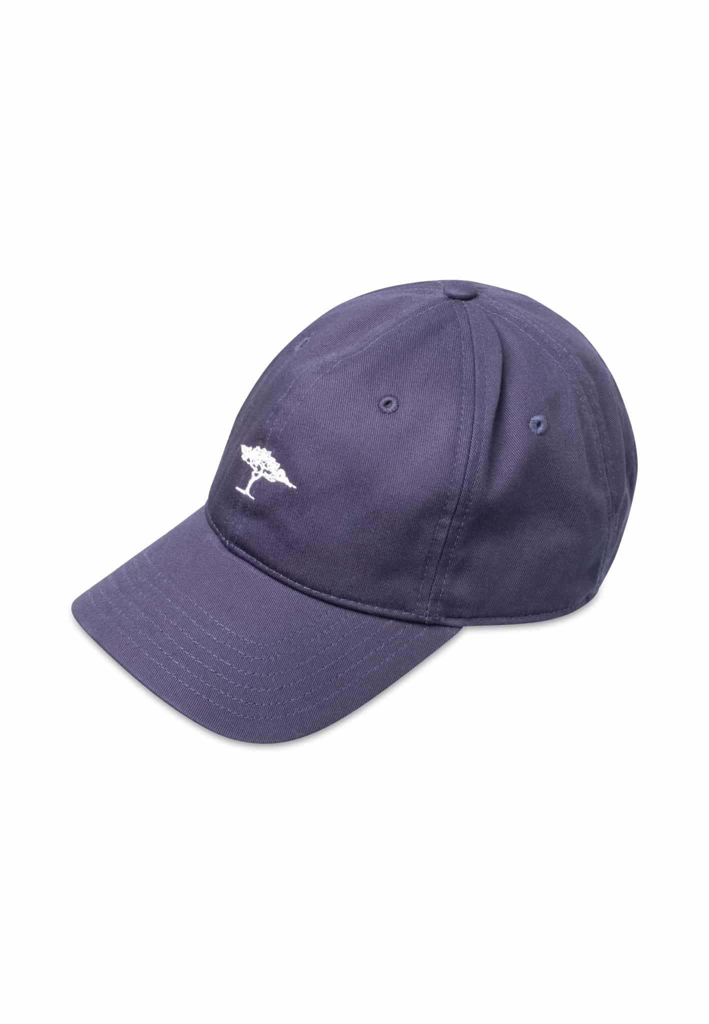 A navy blue baseball cap featuring a small white embroidered tree logo on the front, displayed on a white background.