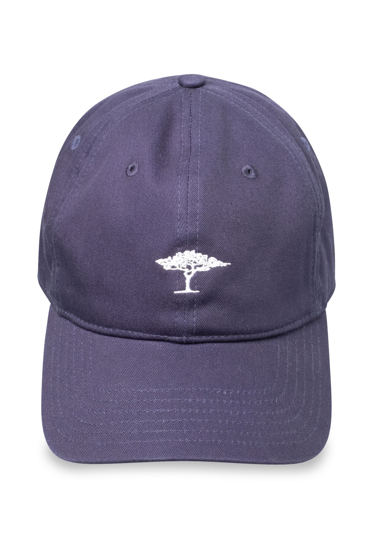 A navy blue baseball cap with a white embroidered tree design on the front, displayed against a white background.