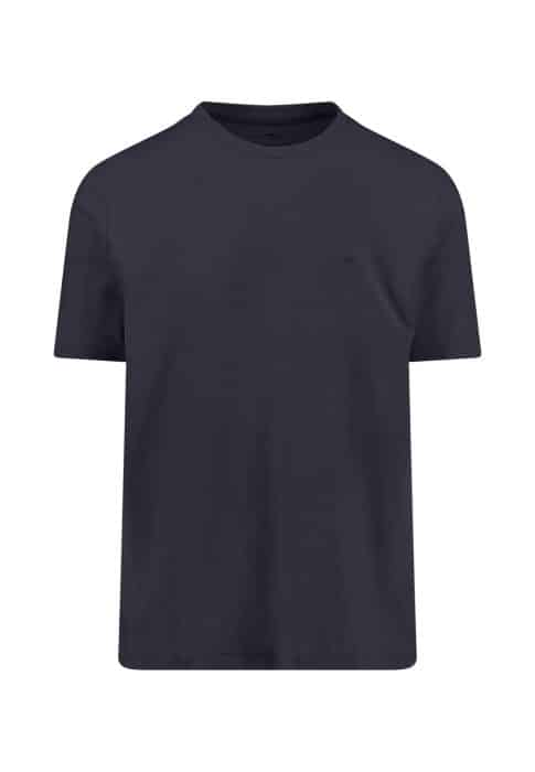 A plain, short-sleeve navy blue T-shirt with a crew neckline, displayed on a white background.