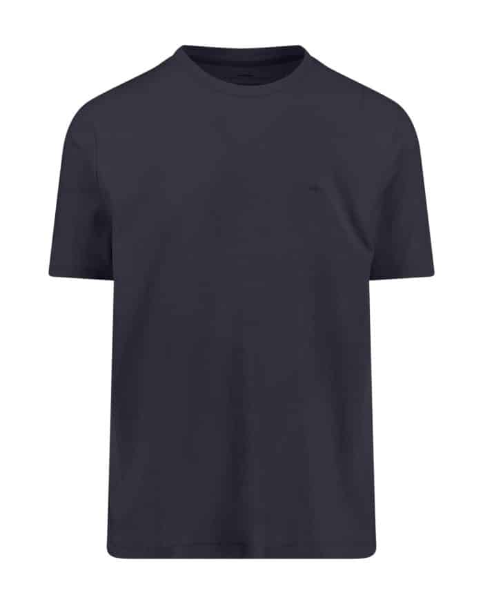 A plain, short-sleeve navy blue T-shirt with a crew neckline, displayed on a white background.