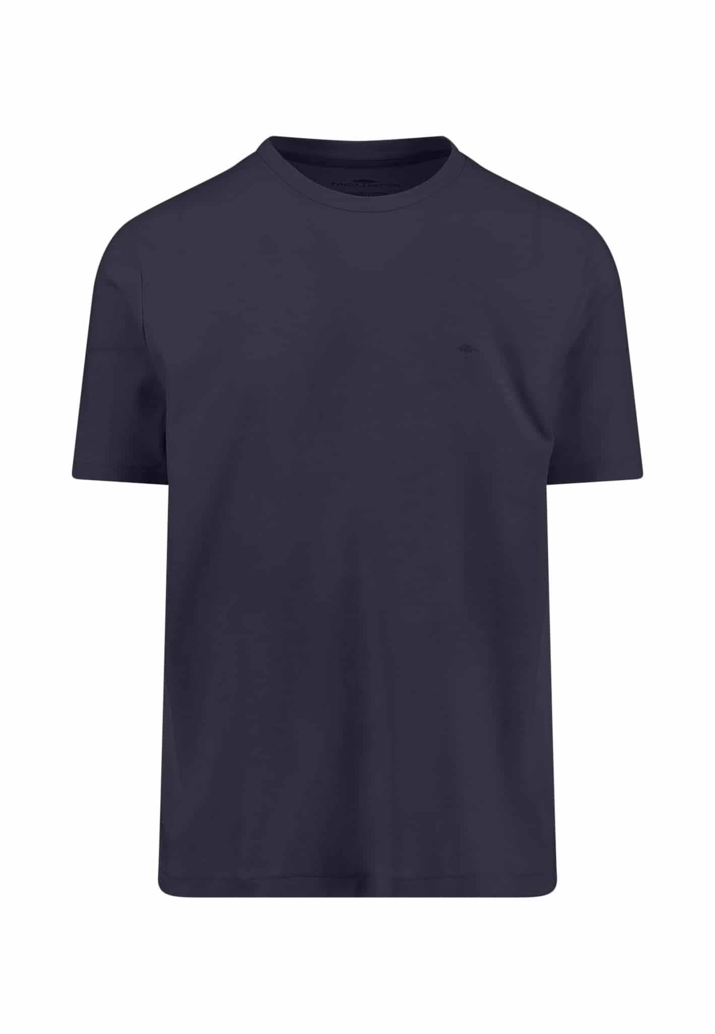 A plain, short-sleeve navy blue T-shirt with a crew neckline, displayed on a white background.