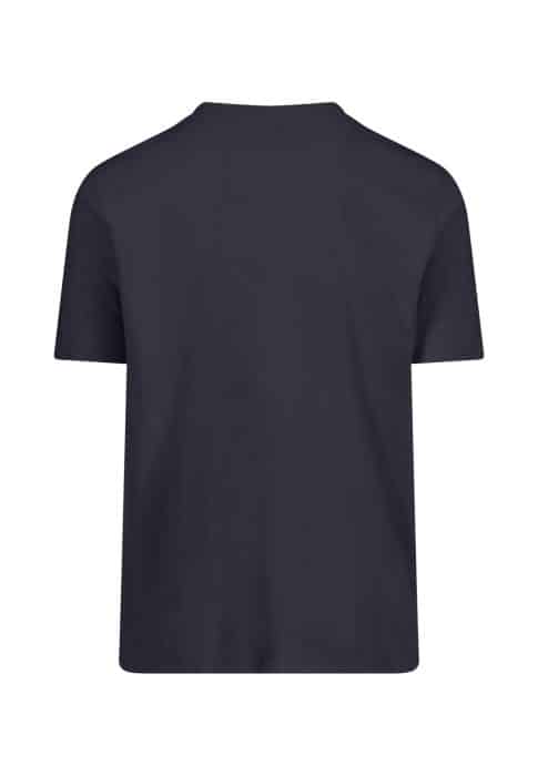 A plain, short-sleeved, crew-neck T-shirt in solid dark navy blue, displayed on a white background.