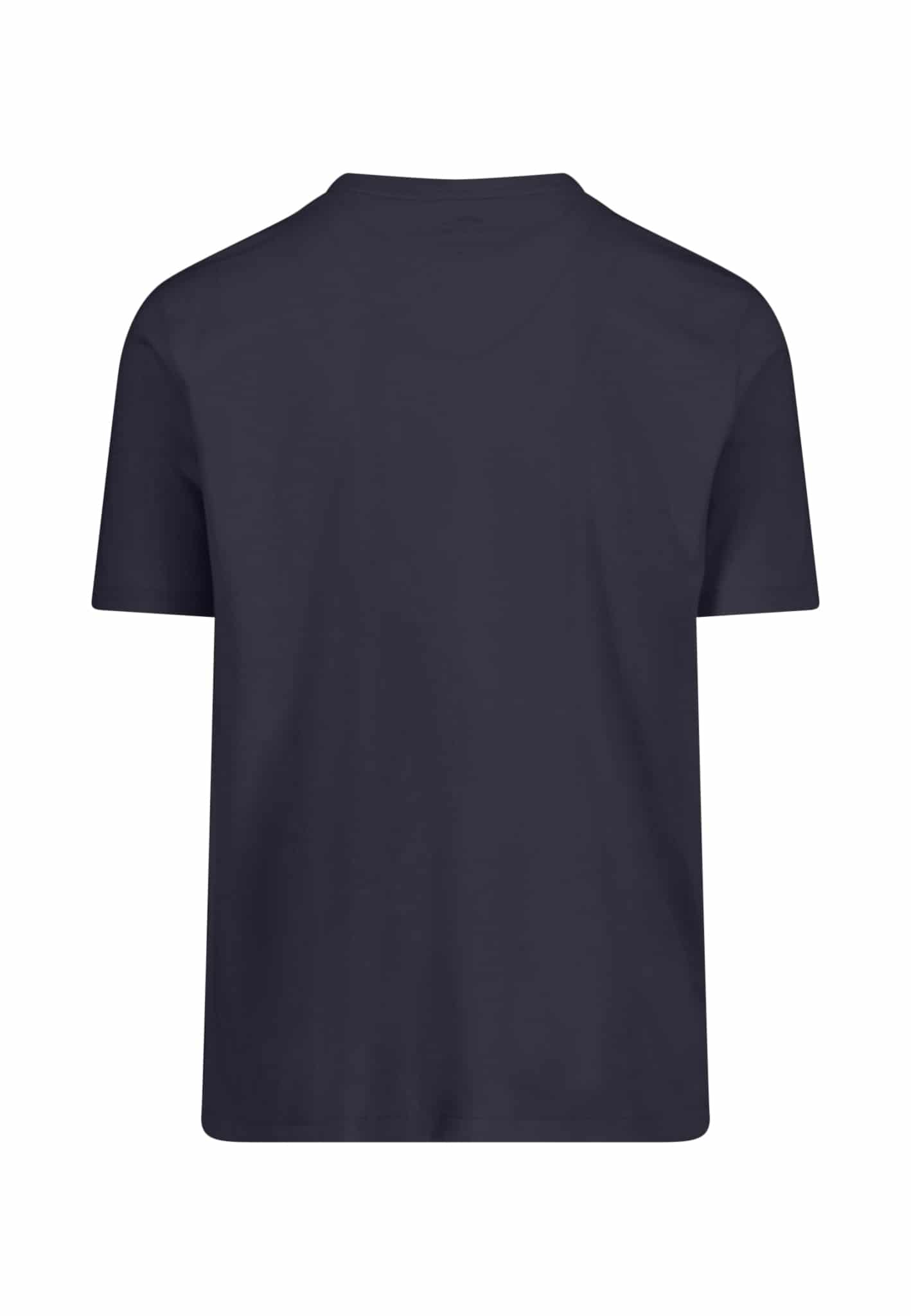 A plain, short-sleeved, crew-neck T-shirt in solid dark navy blue, displayed on a white background.