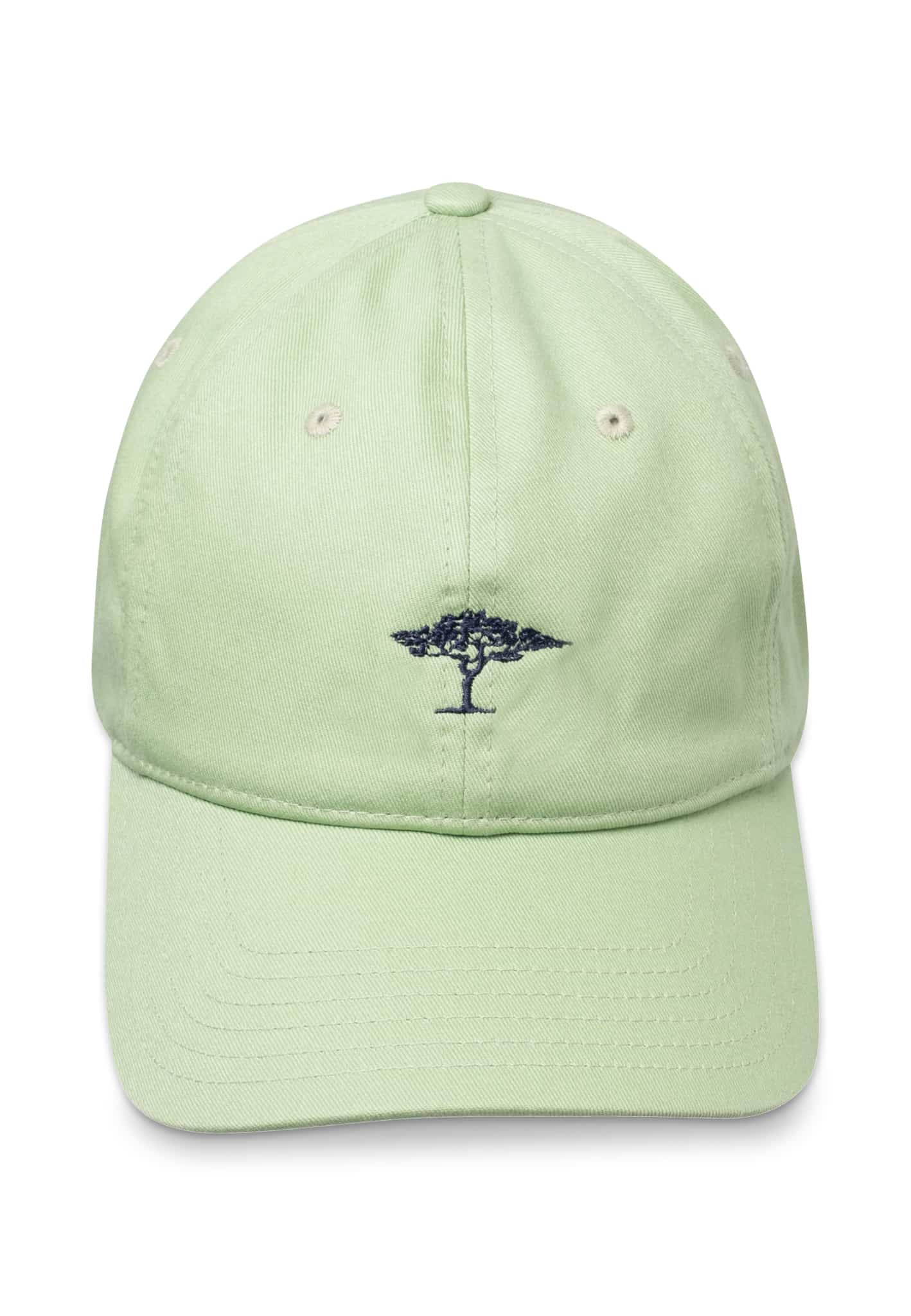A light green baseball cap with a small embroidered tree design in dark blue on the front centre. The cap has stitched eyelets for ventilation and a curved peak.