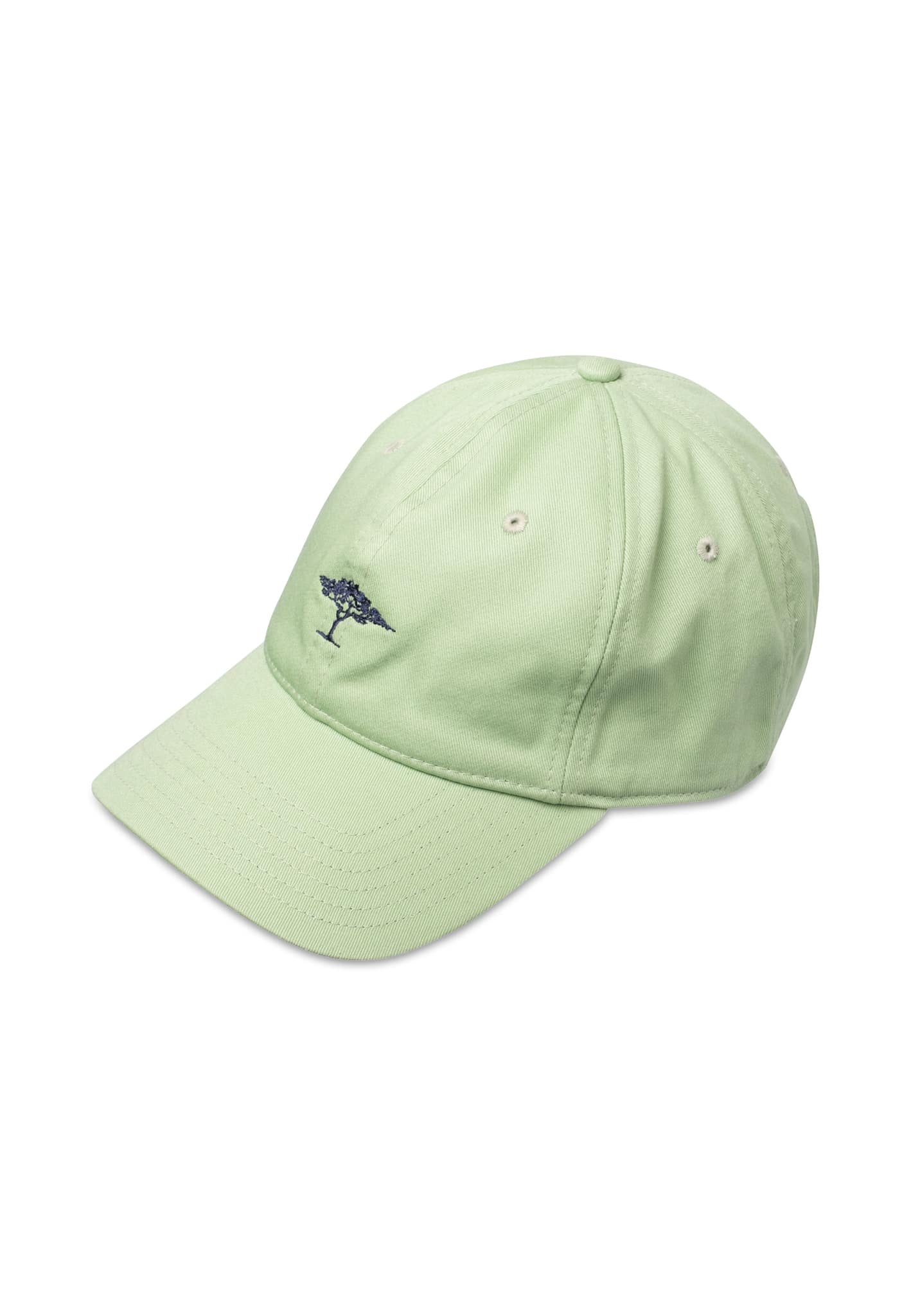 A light green baseball cap with stitched eyelets and an embroidered dark blue tree logo on the front, shown against a white background.
