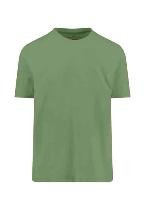 A plain, short-sleeved, sage green T-shirt with a crew neck, displayed on a white background.