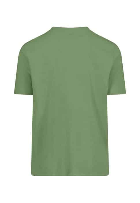 A plain, short-sleeved T-shirt in a solid light olive green colour, shown from the back against a white background.