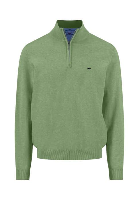 Light green quarter-zip pullover jumper with a standing collar and ribbed cuffs and hem, featuring a small embroidered logo on the left chest.