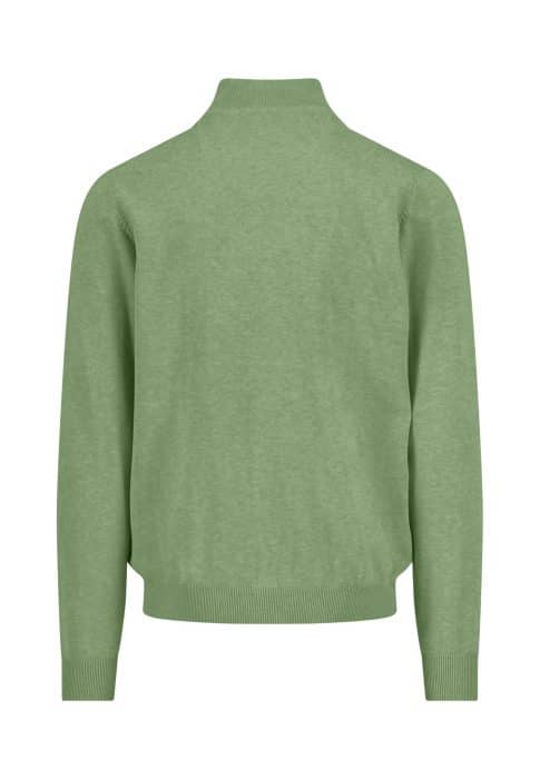 A plain, light green long-sleeve jumper shown from the back, featuring ribbed cuffs, waistband, and collar.