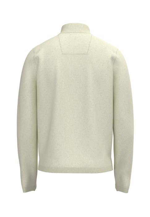 Back view of a light beige, long-sleeved jacket with a ribbed hem and cuffs, a stand collar, and subtle seam detailing across the upper back.