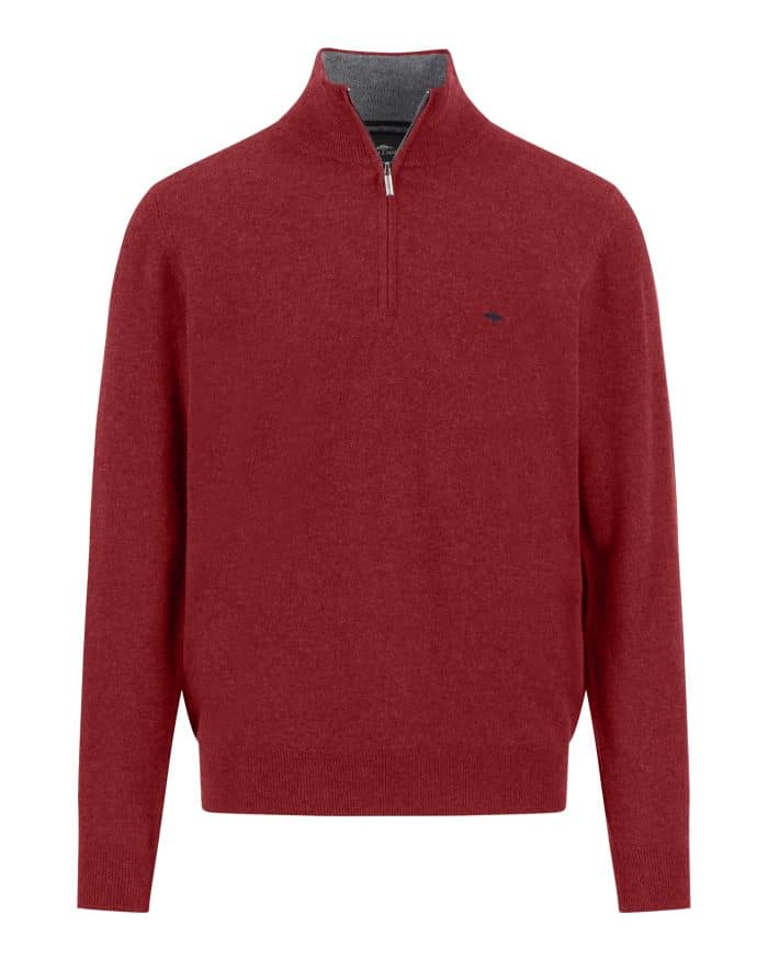 A red long-sleeve jumper with a half-zip neckline, subtle ribbed cuffs and hem, and a small embroidered logo on the left chest.