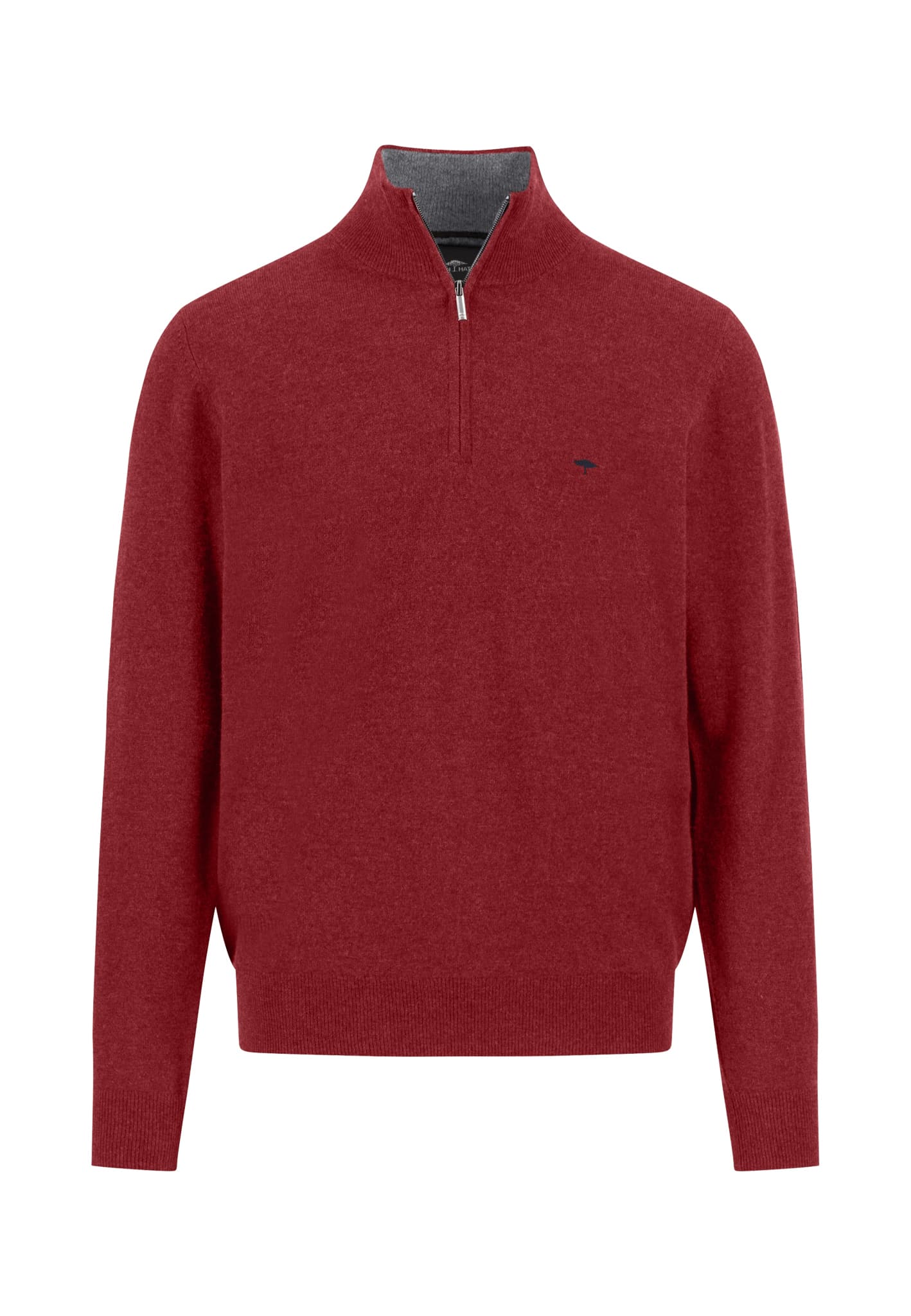 A red long-sleeve jumper with a half-zip neckline, subtle ribbed cuffs and hem, and a small embroidered logo on the left chest.
