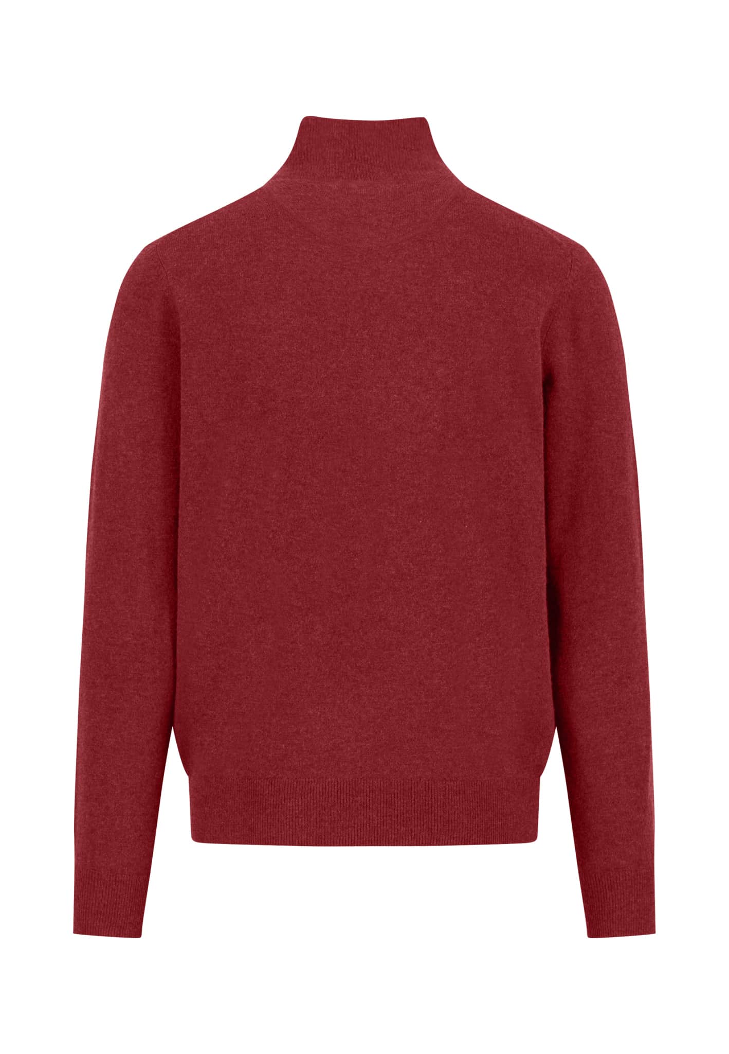 A plain, long-sleeved, red jumper with a high collar, shown from the back against a white background.