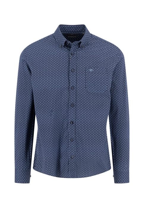 A long-sleeve, button-up shirt with a small white geometric pattern on a dark blue background, featuring a chest pocket and a button-down collar.