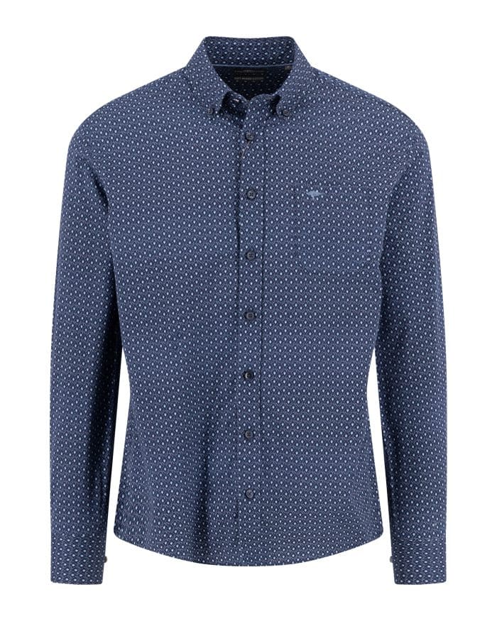 A long-sleeve, button-up shirt with a small white geometric pattern on a dark blue background, featuring a chest pocket and a button-down collar.