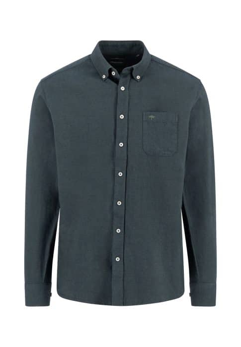 A long-sleeved, dark green button-up shirt with a button-down collar and a chest pocket, displayed against a white background.