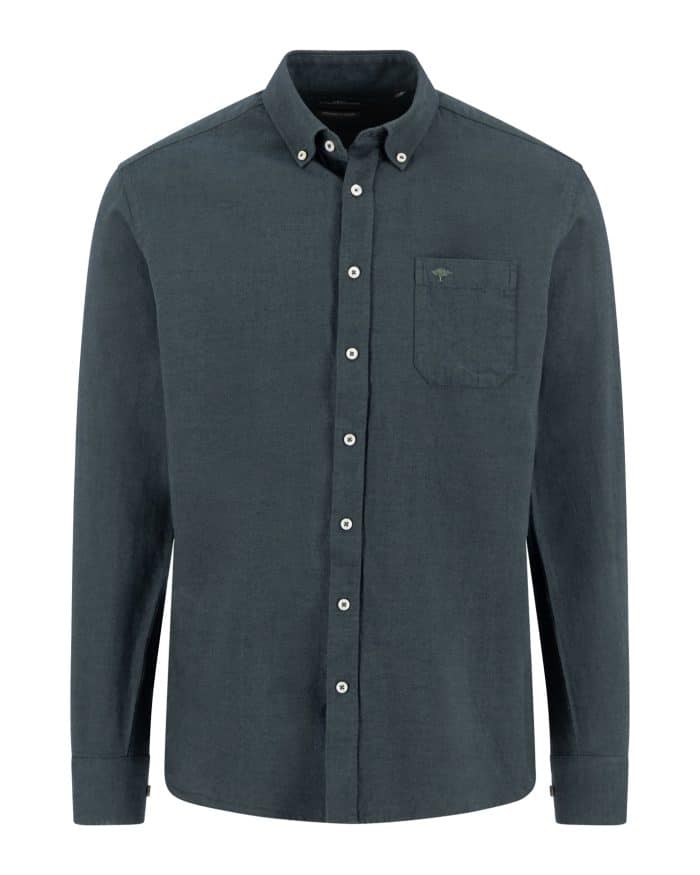 A long-sleeved, dark green button-up shirt with a button-down collar and a chest pocket, displayed against a white background.