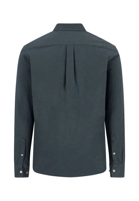A dark green long-sleeve button-up shirt shown from the back, featuring a single pleat in the centre and buttoned cuffs.