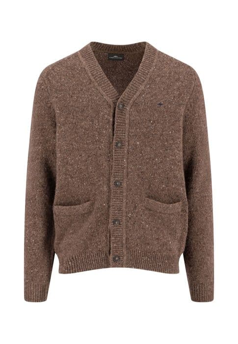 Brown, button-up, V-neck cardigan jumper with two front pockets, ribbed cuffs and hem, displayed on a plain white background.