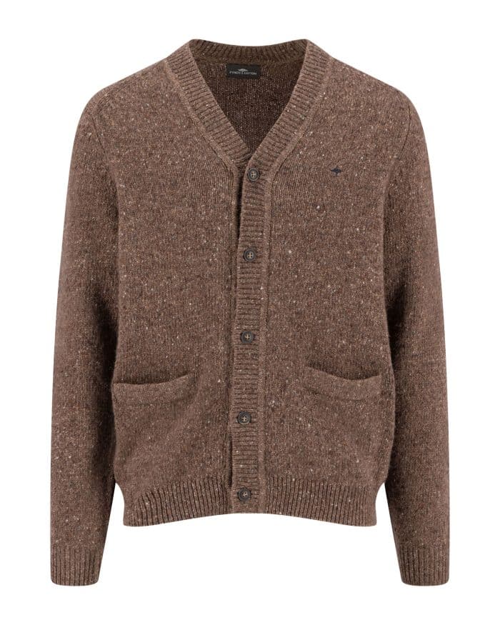 Brown, button-up, V-neck cardigan jumper with two front pockets, ribbed cuffs and hem, displayed on a plain white background.