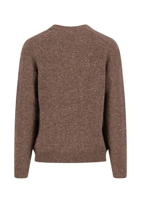 A brown, long-sleeve, knitted jumper is shown from the back. The jumper has a crew neckline, ribbed cuffs and hem, with a slightly speckled texture.