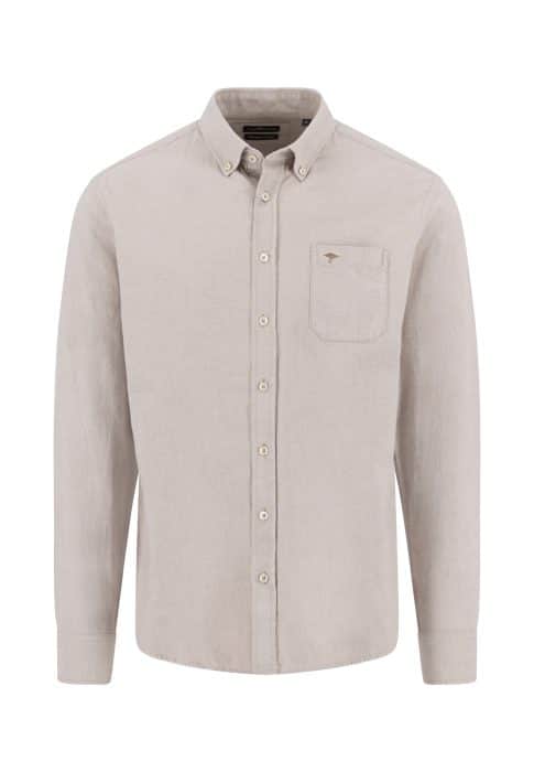 A beige long-sleeve button-up shirt with a collar and front chest pocket, displayed on a plain white background.