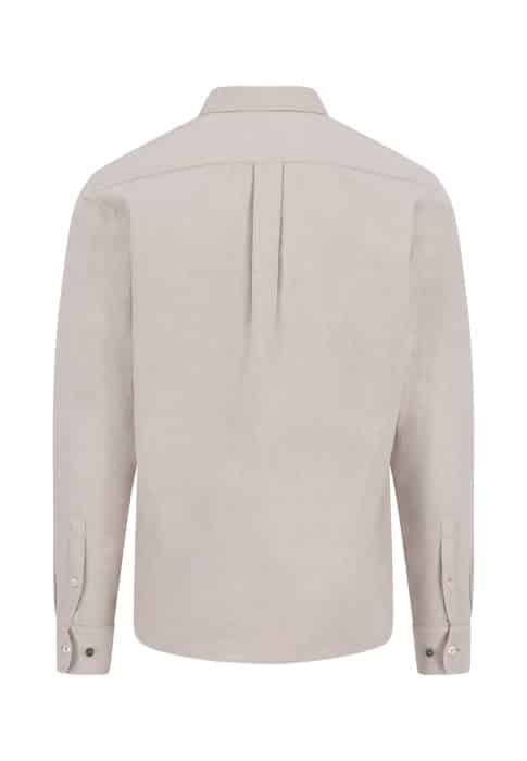 Back view of a long-sleeve, light beige shirt with a yoke, a box pleat in the centre, and buttoned cuffs, displayed on a white background.