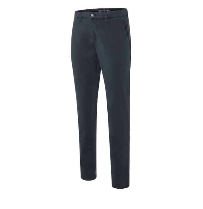 A pair of dark blue, straight-leg trousers with side pockets and a button fastening, displayed on a white background.