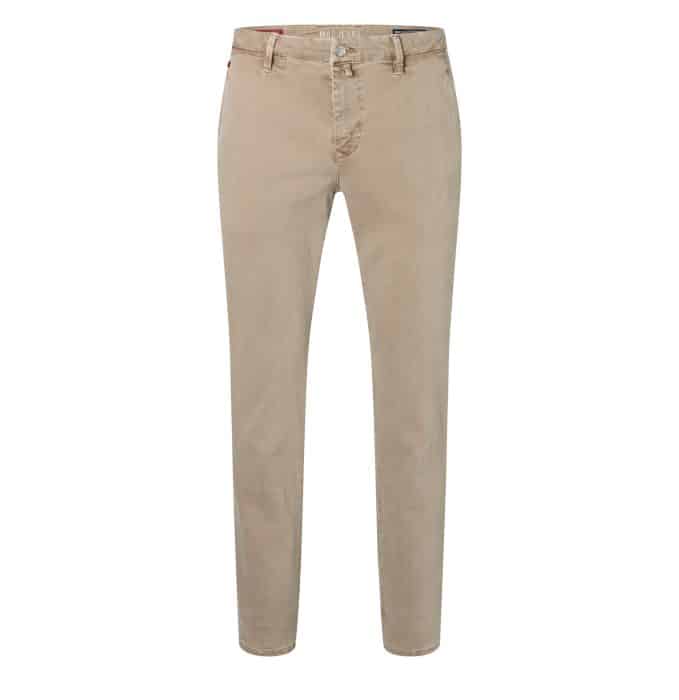 A pair of beige slim-fit trousers with front and back pockets, belt loops, and a button fastening, displayed on a white background.