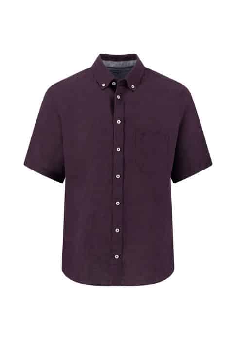 A short-sleeved, button-up shirt in dark purple with a front chest pocket and a button-down collar, displayed on a plain white background.