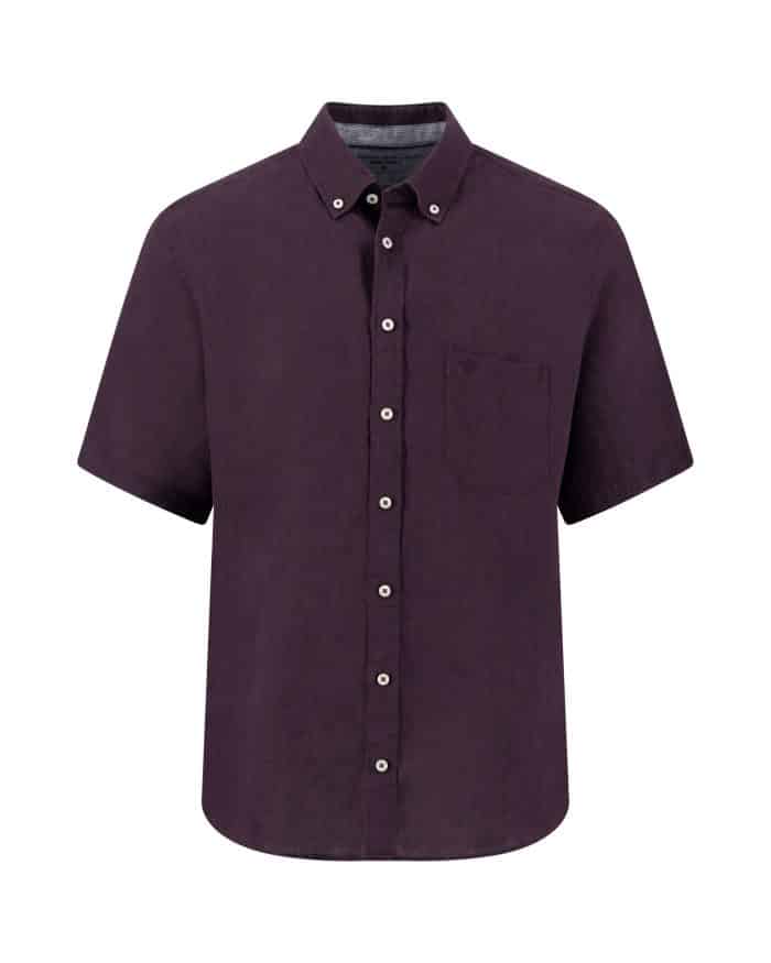 A short-sleeved, button-up shirt in dark purple with a front chest pocket and a button-down collar, displayed on a plain white background.