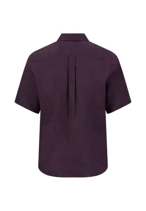 Back view of a short-sleeve, dark purple button-through shirt with a straight hem and a box pleat at the upper centre.