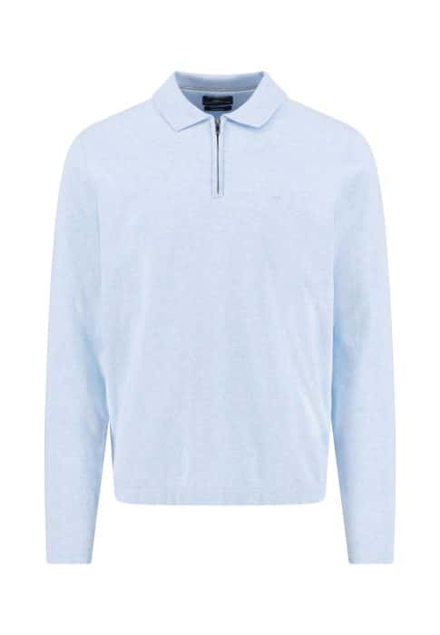 A light blue long-sleeve polo shirt with a collar and a short front zip, displayed on a plain white background.