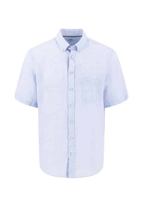 Light blue short-sleeve button-up shirt with a button-down collar and a single chest pocket, displayed on a plain white background.