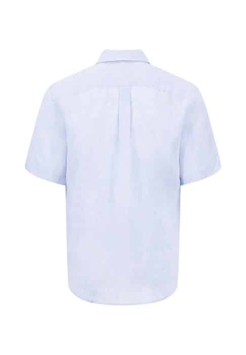 A light blue, short-sleeve, button-up shirt shown from the back, featuring a yoke with a centre pleat and a straight hem.
