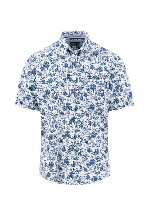 Short-sleeved, button-up shirt with a blue and green floral pattern on a white background, displayed on a plain white surface.