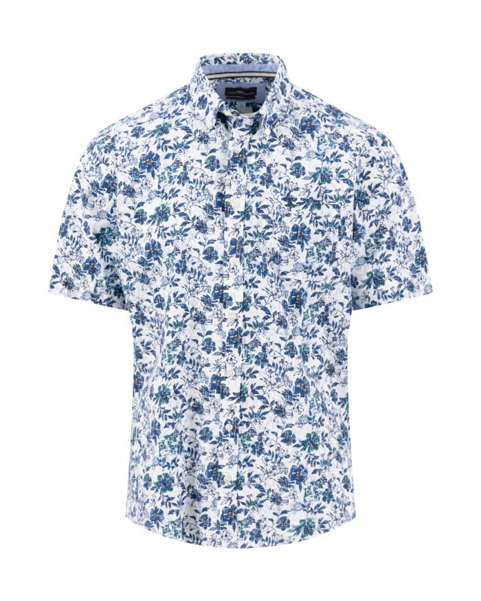 Short-sleeved, button-up shirt with a blue and green floral pattern on a white background, displayed on a plain white surface.