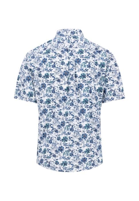 Back view of a short-sleeve button-up shirt with a blue and green floral pattern on a white background. The shirt has a collar and a relaxed fit.