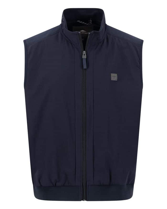 A navy blue, sleeveless waistcoat with a full front zip, stand-up collar, elasticated waistband, and a small square logo on the left chest, shown against a white background.