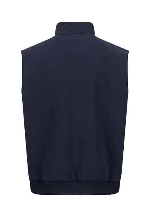Back view of a sleeveless navy blue gilet with a high collar and ribbed hem, displayed on a white background. The gilet has a clean, simple design with no visible logos or decorations.