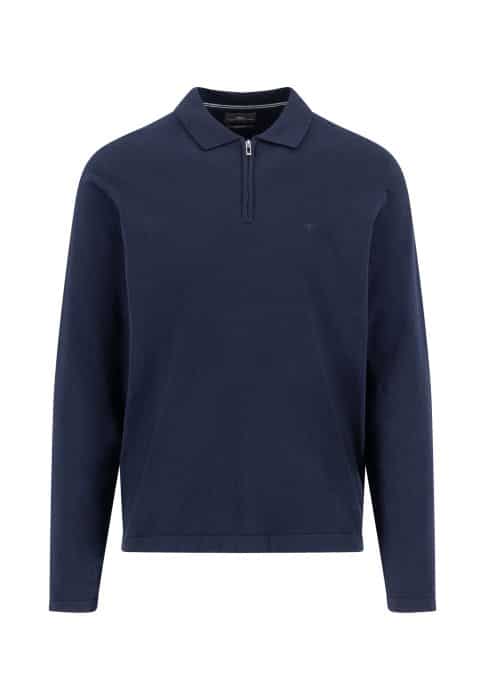 A navy blue long-sleeve polo shirt with a collar and a quarter-zip front, displayed on a plain white background.