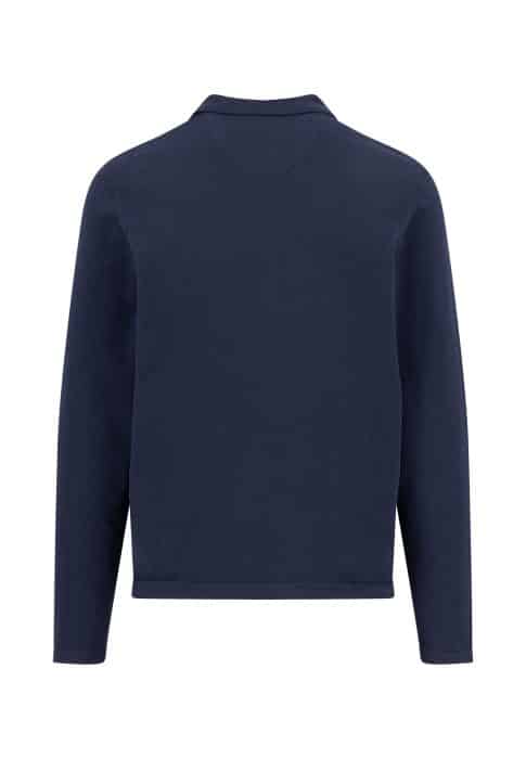 A plain, long-sleeved navy blue jacket is shown from the back against a white background. The jacket has a simple collar and no visible patterns, buttons, or decorations.