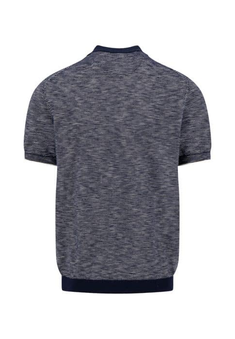 Back view of a short-sleeved, dark blue and grey striped knitted shirt with a ribbed collar, cuffs, and hem.