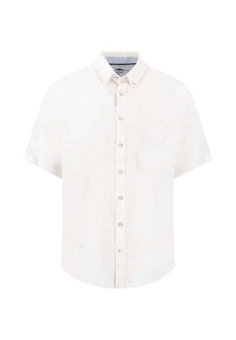 A short-sleeve, button-up white linen shirt with a button-down collar and a single chest pocket, displayed on a plain white background.